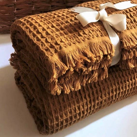 Turkish Cotton Waffle Blanket | Mustard - Moniluxx
