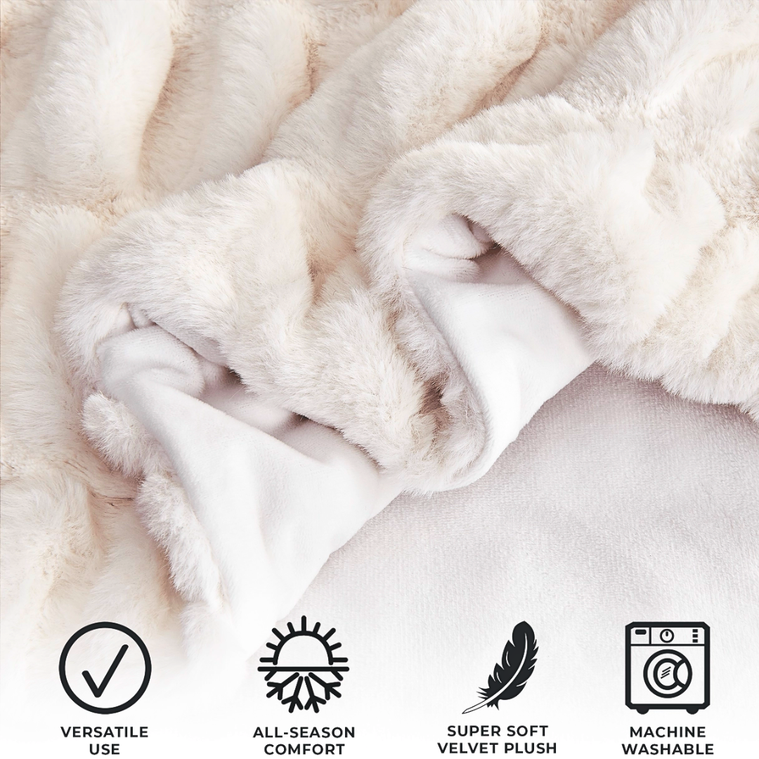 Ivory Ruched Faux Fur Throw