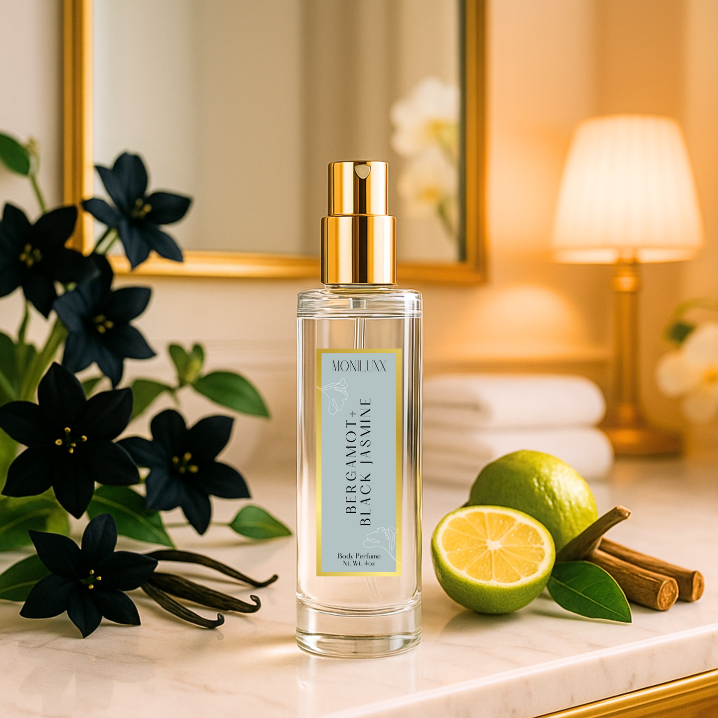 Clear Glass Perfume bottle displayed on a marble counter next to black jasmine flowers and bergamot limes. white bathroom towels and a lit gold lamp slightly blurred in the background.