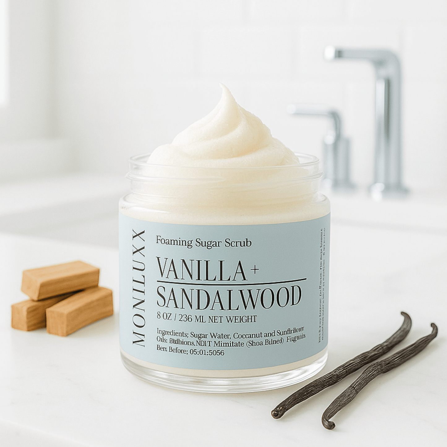 Vanilla+Sandalwood Foaming Sugar Scrub - Moniluxx