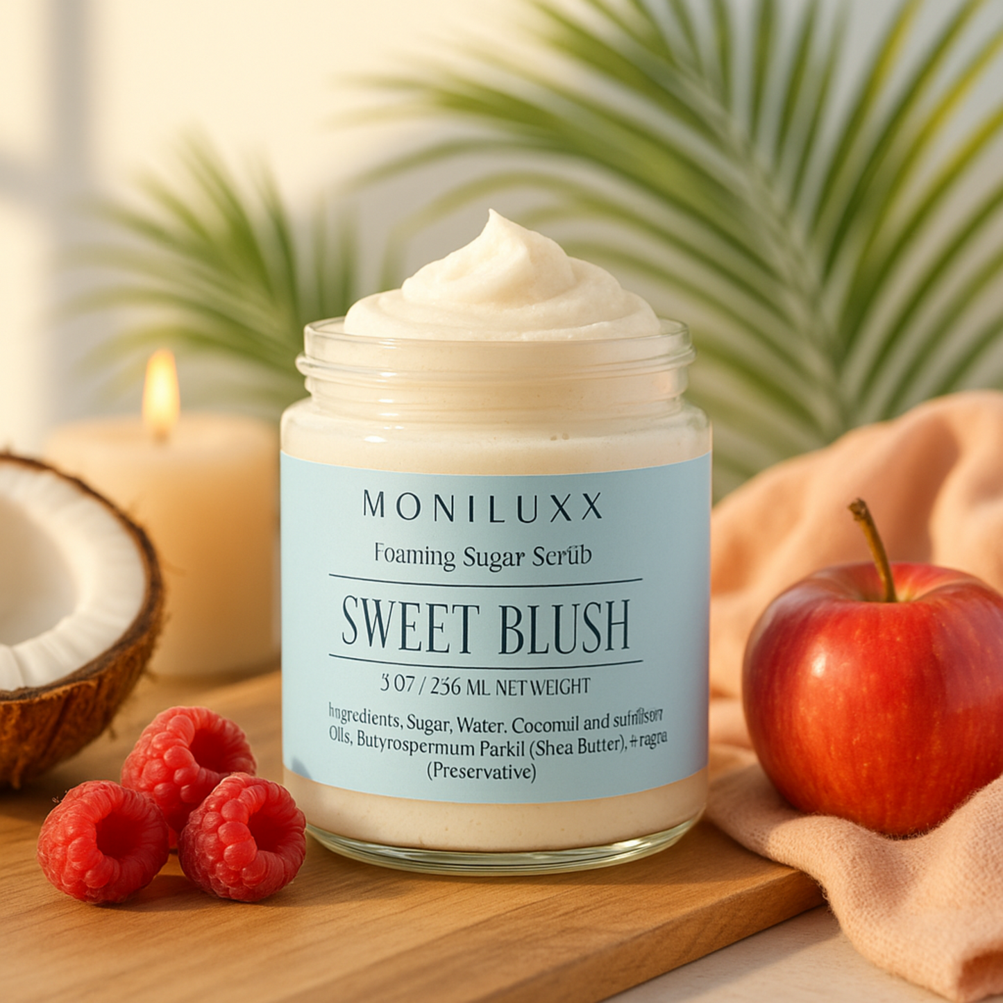 jar of white whipped scrub displayed with raspberries coconuts and a apple, with a blurred lit candle and palm frond in the background.