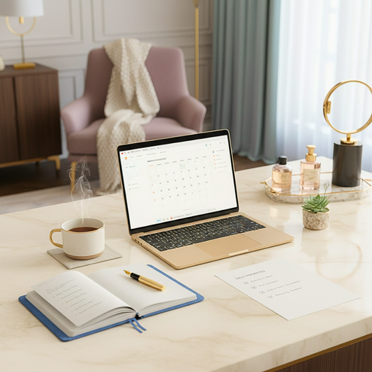 a laptop sitting on a countertop with a planner and a cup of coffee. a throw is across a chair across the room.