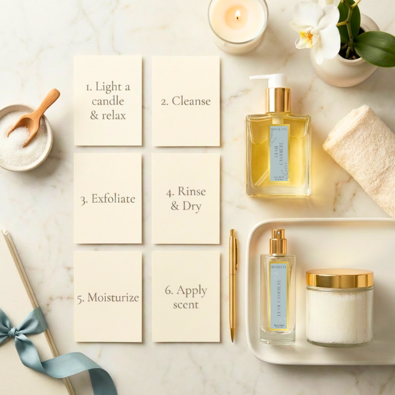  A flat lay of selfcare products next to 6 square note cards displaying selfcare steps 1 thru 6. 