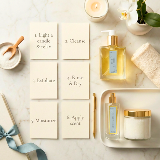  A flat lay of selfcare products next to 6 square note cards displaying selfcare steps 1 thru 6. 