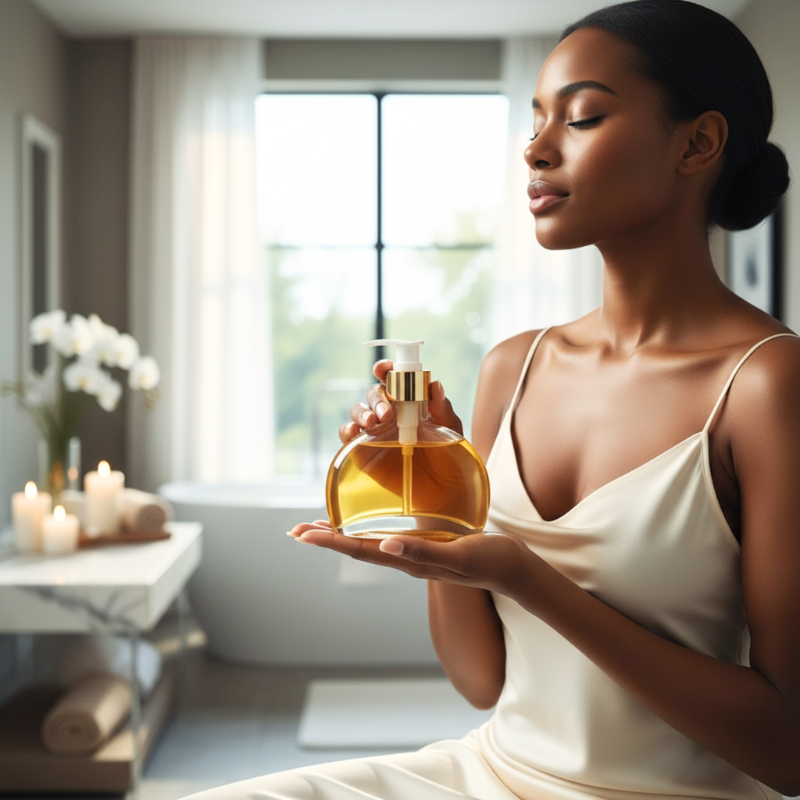 Woman performing selfcare and holding a glass bottle of Moniluxx body oil in a luxurious room.