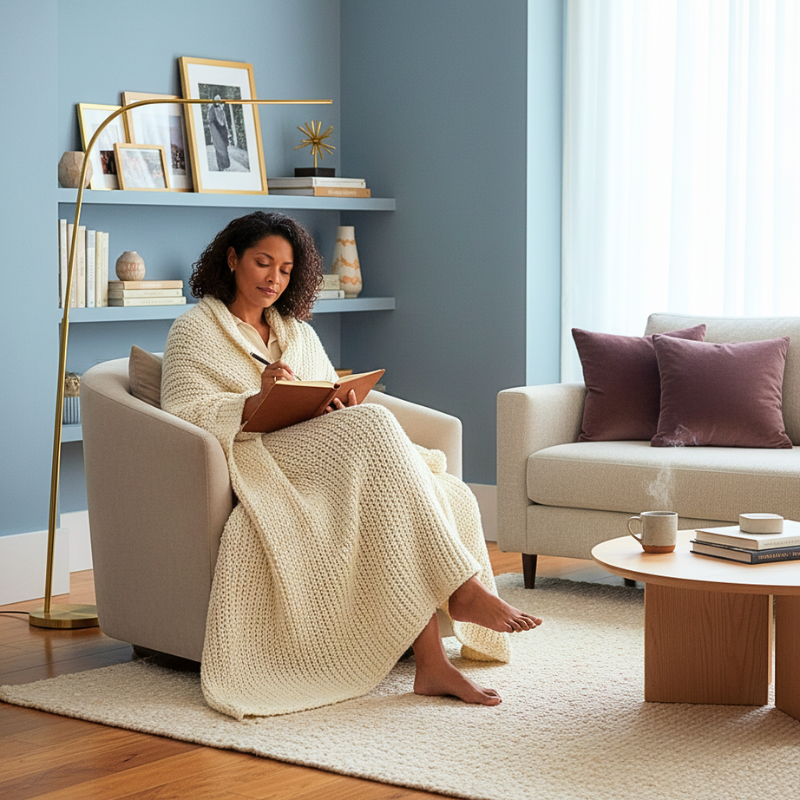 woman wrapped in a cozy throw journaling in a soft chair. 