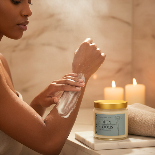woman in a towel applying sugar scrub to her arm near a bathtub with candles and a jar of Moniluxx sugar scrub on the counter