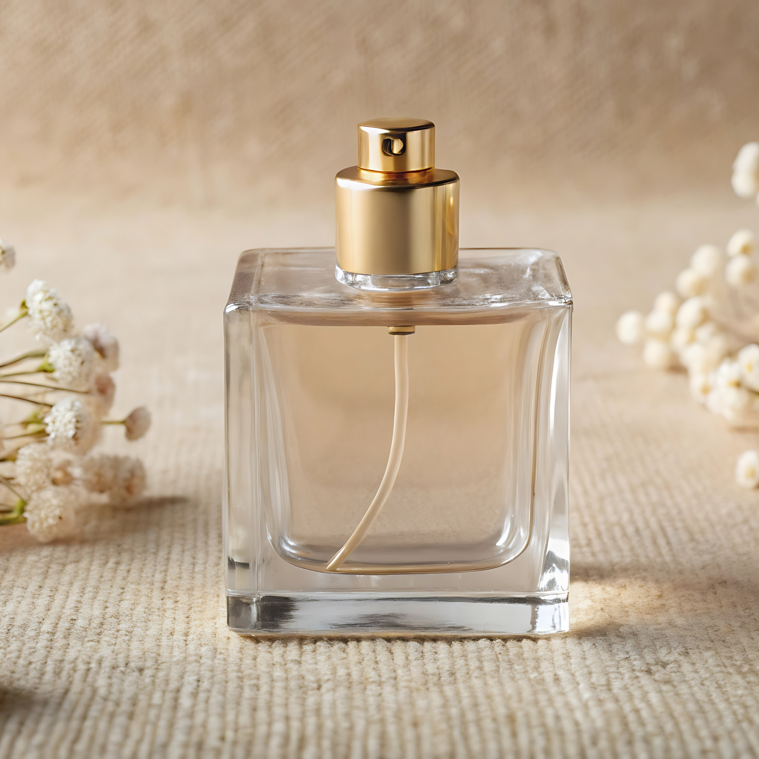 clear square glass bottle of perfume on a beige background staged with baby's breath flowers