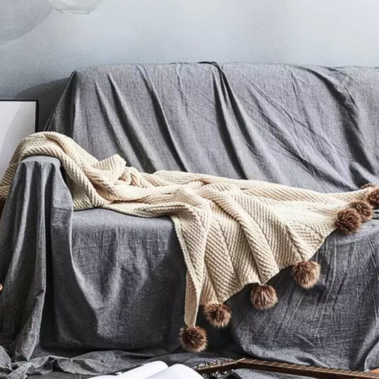 Chunky chenille knit throw with faux fur pom details – cozy luxury blanket for couch or bed