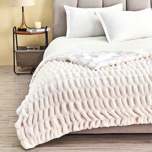Ivory Ruched Faux Fur Throw