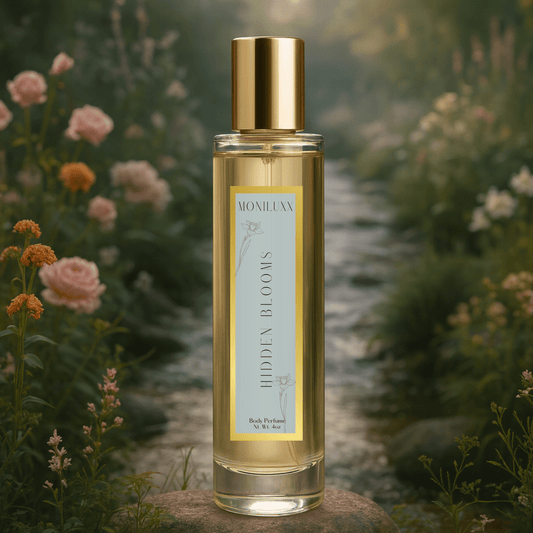 Moniluxx Hidden Blooms Body Perfume bottle with floral notes – clean, organic fragrance with bergamot, jasmine, and patchouli.