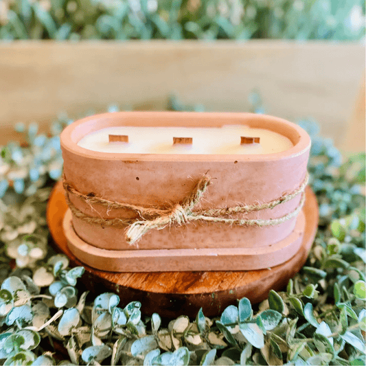 oval shaped apricot colored cement candle vessel with 3 wooden wicks. sitting on a cement tray placed on a circle of green leaves.