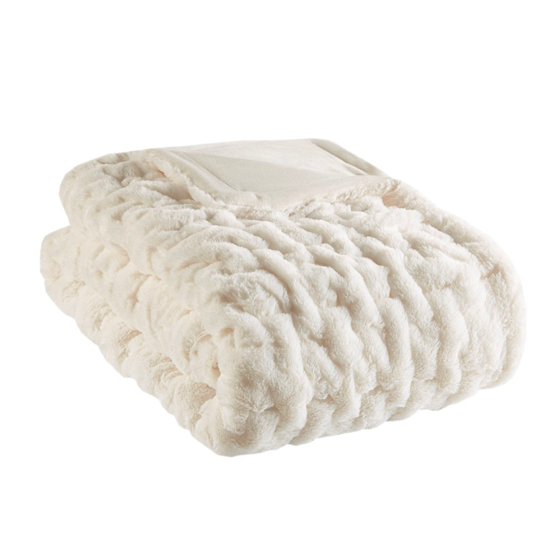 Ivory Ruched Faux Fur Throw