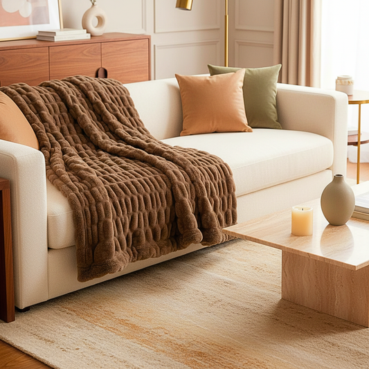 Sable brown ruched faux fur throw with pronounced gathered texture draped over a curved cream sofa in a modern glam living room with walnut accents, a marble-and-gold coffee table, and warm brass lighting.