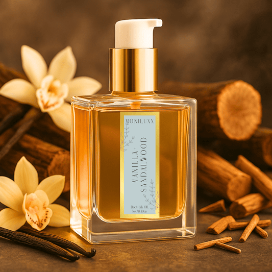 square glass oil bottle with a serum dropper on a background of sandalwood sticks and vanilla blossoms. 